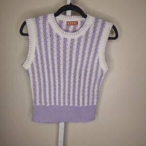 KITRI Women’s Small Lilac Stripe Crochet Sleeveless Knit Top Vest